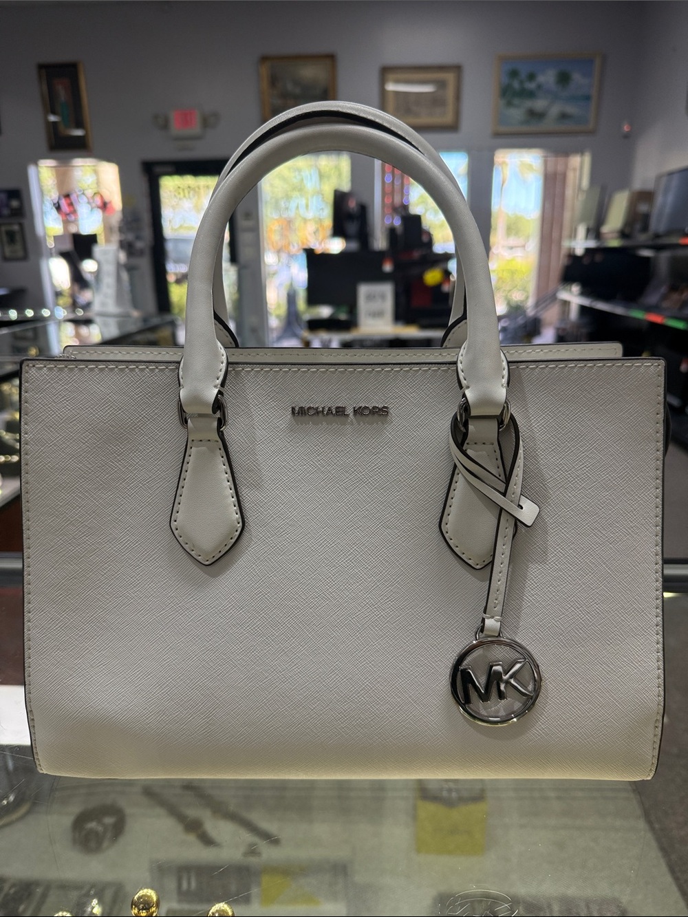 Michael Kors White Saffiano Leather Satchel with MK Charm